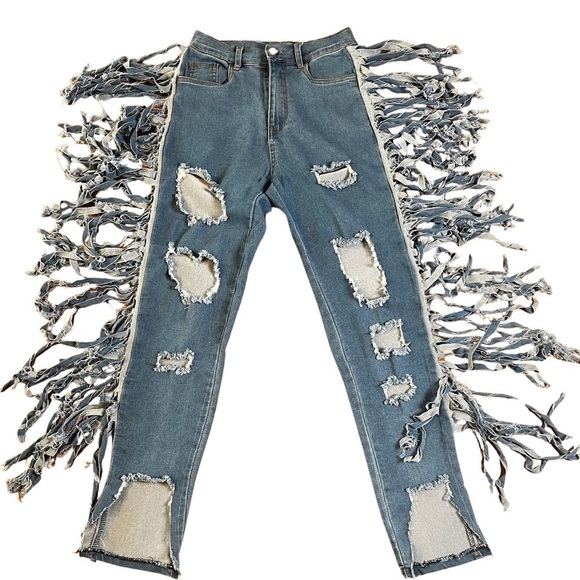 Daisy Distressed Fringe Detail Blue Jeans Size Small - Picture 7 of 16